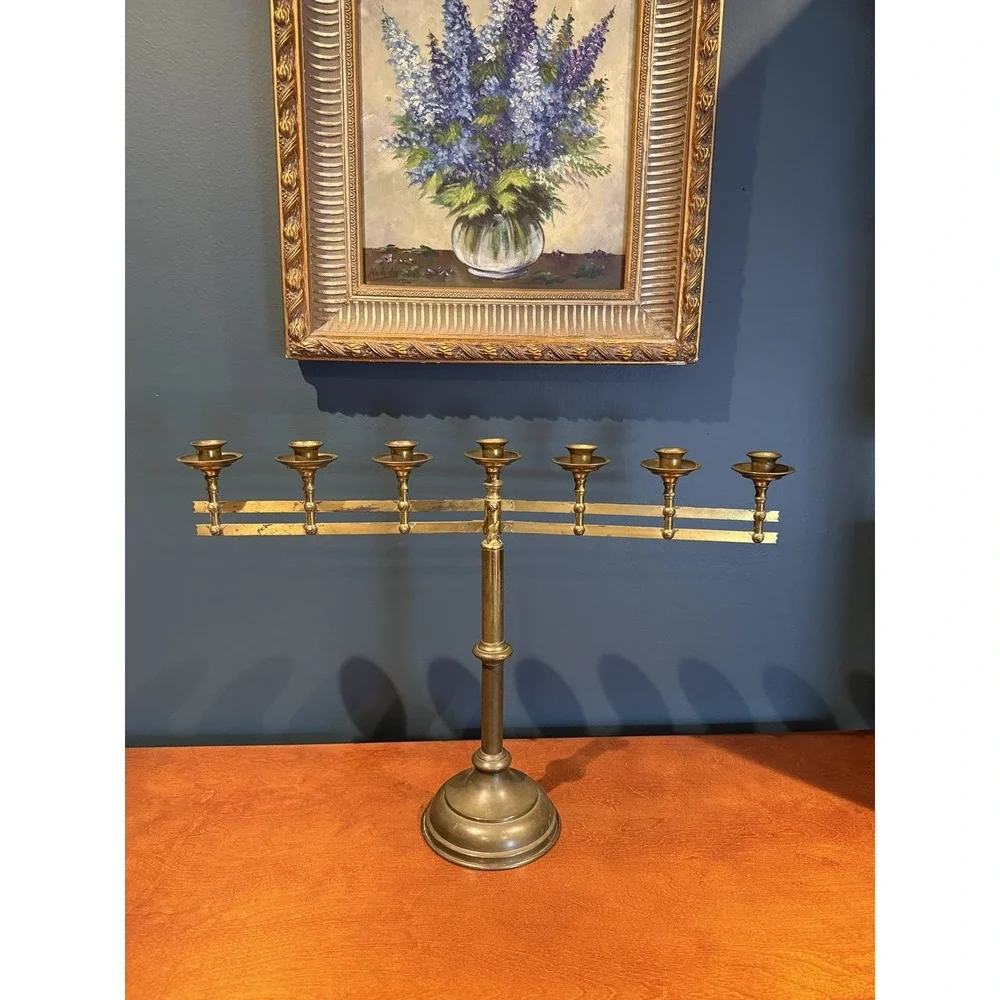Large Antique Brass Metal Church Religious Altar Candlestick 7 Candle Candelabra